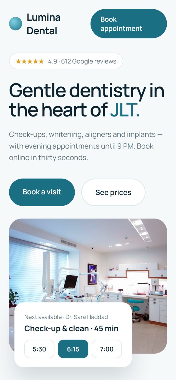 Clinic app home screen with next available appointment
